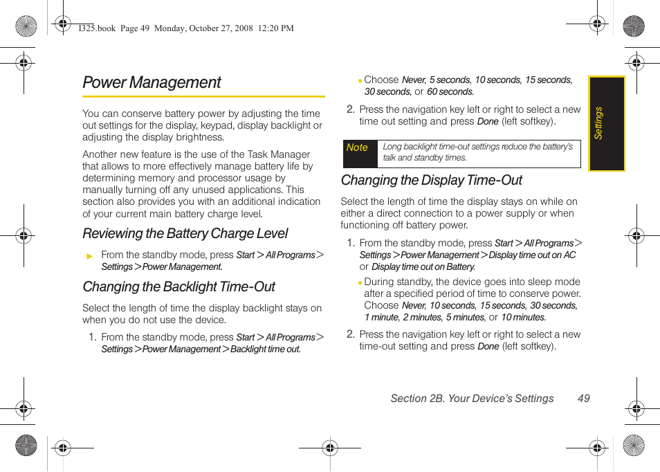 Power management, Reviewing the battery charge level, Changing the backlight time-out | Changing the display time-out | Samsung SPH-I325DLASPR User Manual | Page 63 / 227