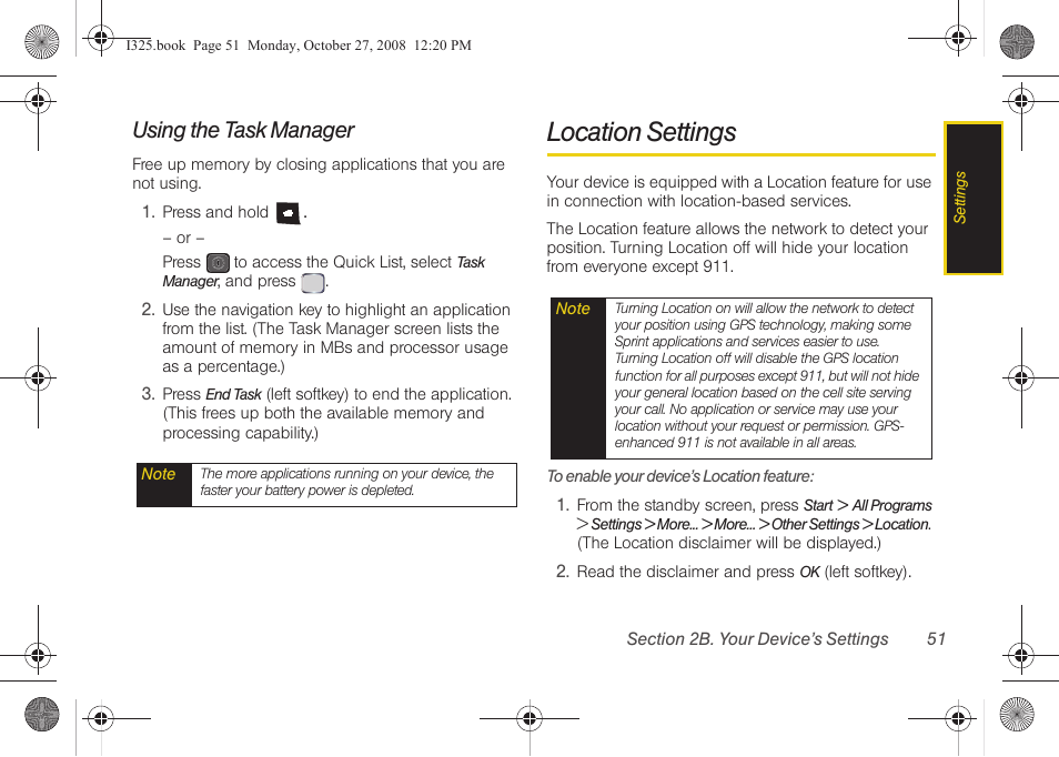 Using the task manager, Location settings | Samsung SPH-I325DLASPR User Manual | Page 65 / 227
