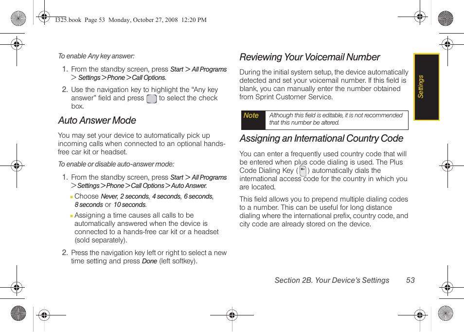 Auto answer mode, Reviewing your voicemail number, Assigning an international country code | Samsung SPH-I325DLASPR User Manual | Page 67 / 227