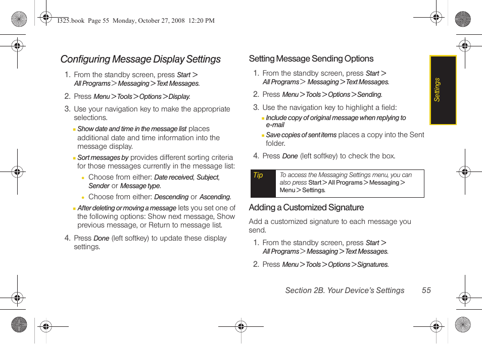 Configuring message display settings, Setting message sending options, Adding a customized signature | Samsung SPH-I325DLASPR User Manual | Page 69 / 227