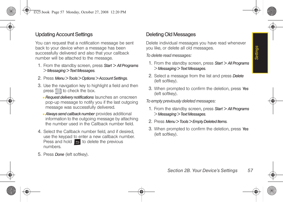 Updating account settings, Deleting old messages | Samsung SPH-I325DLASPR User Manual | Page 71 / 227