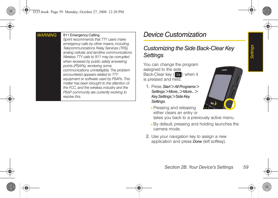 Device customization, Customizing the side back-clear key settings | Samsung SPH-I325DLASPR User Manual | Page 73 / 227