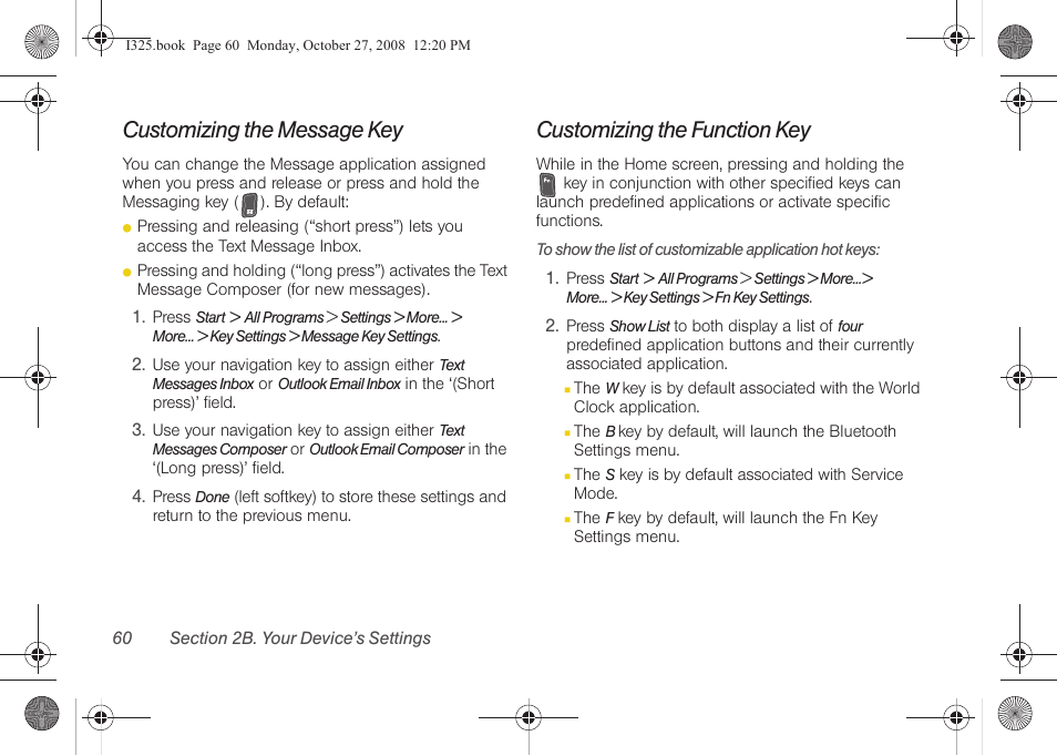 Customizing the message key, Customizing the function key | Samsung SPH-I325DLASPR User Manual | Page 74 / 227