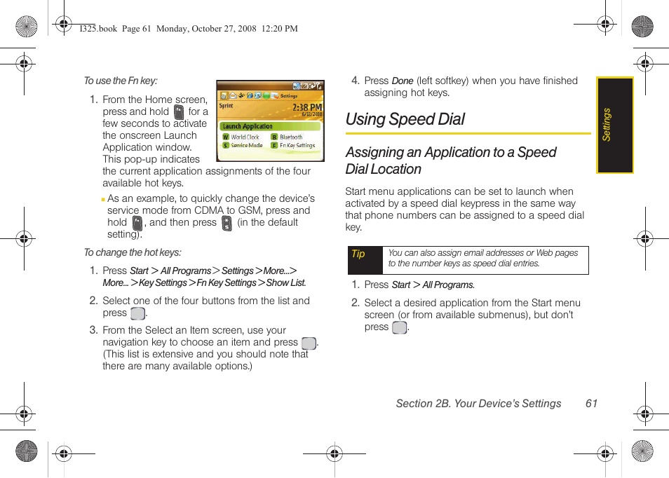 Using speed dial, Assigning an application to a speed dial location, Assigning an application to a speed | Dial location | Samsung SPH-I325DLASPR User Manual | Page 75 / 227