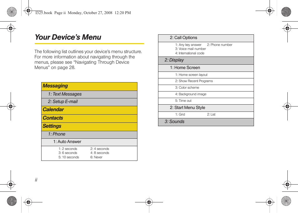 Your device’s menu, Messaging, Calendar contacts settings | Samsung SPH-I325DLASPR User Manual | Page 8 / 227