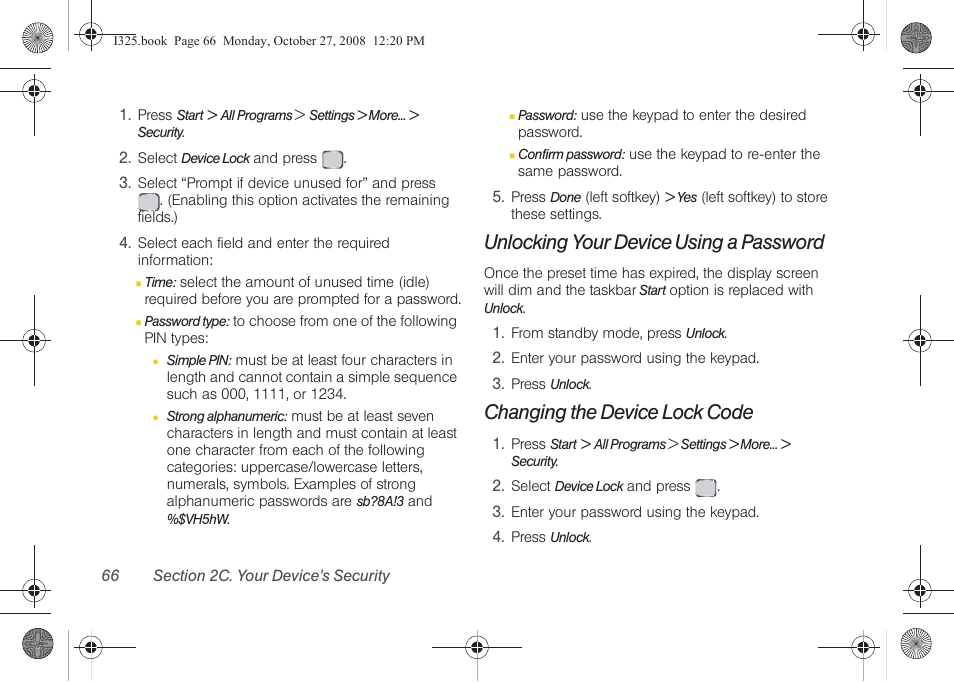 Unlocking your device using a password, Changing the device lock code | Samsung SPH-I325DLASPR User Manual | Page 80 / 227