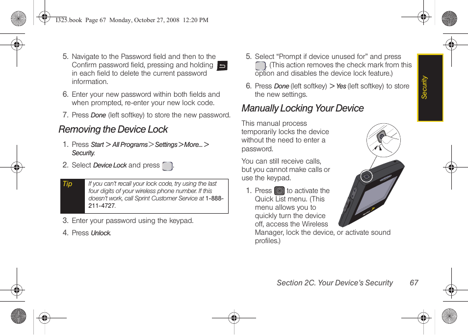 Removing the device lock, Manually locking your device | Samsung SPH-I325DLASPR User Manual | Page 81 / 227