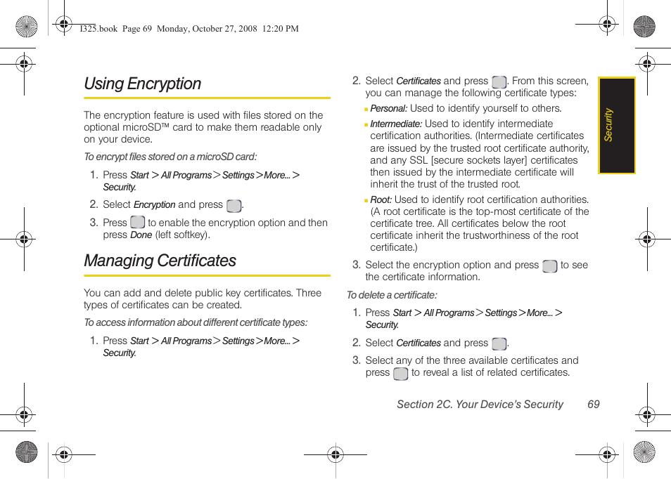 Using encryption, Managing certificates | Samsung SPH-I325DLASPR User Manual | Page 83 / 227