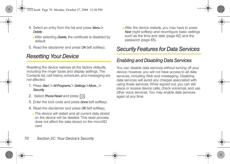 Resetting your device, Security features for data services, Enabling and disabling data services | Samsung SPH-I325DLASPR User Manual | Page 84 / 227