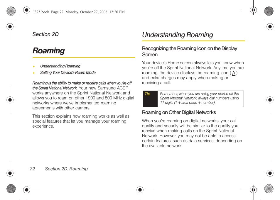 Roaming, Understanding roaming, Recognizing the roaming icon on the display screen | Roaming on other digital networks, 2d. roaming | Samsung SPH-I325DLASPR User Manual | Page 86 / 227