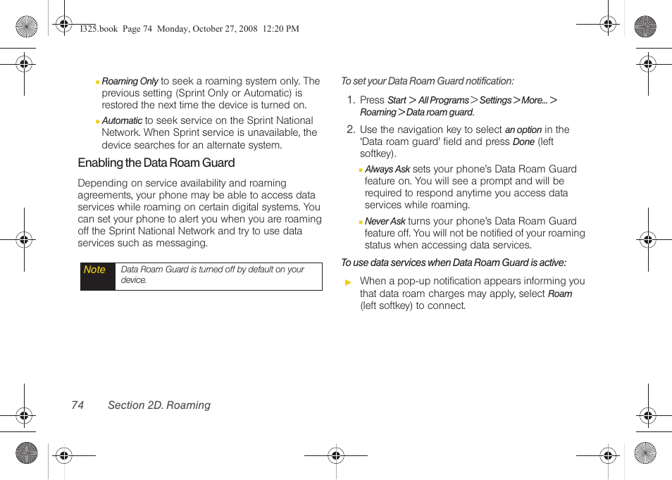 Enabling the data roam guard | Samsung SPH-I325DLASPR User Manual | Page 88 / 227