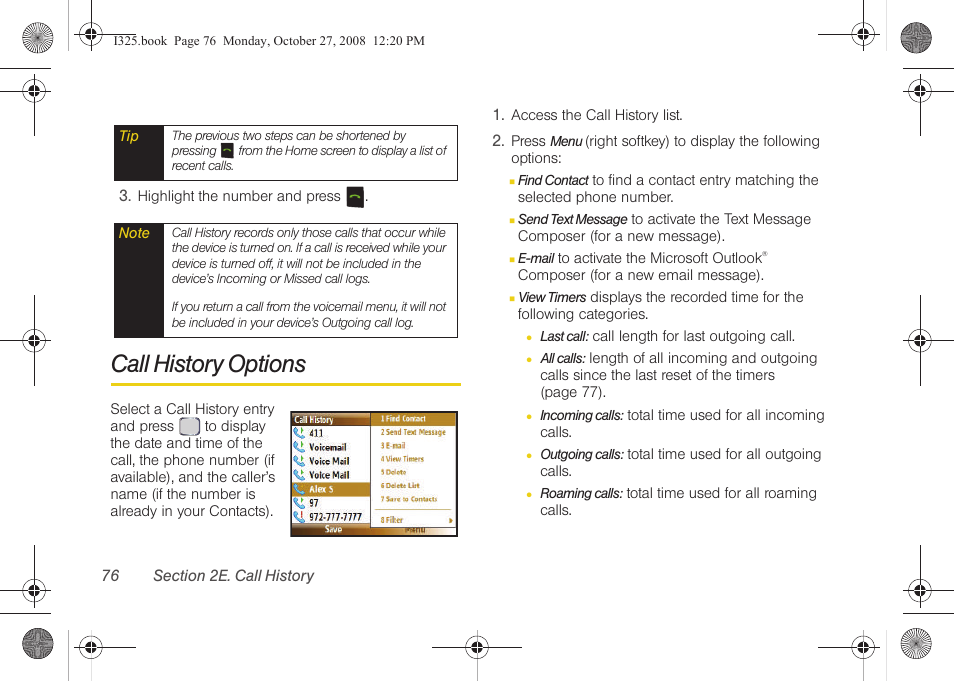 Call history options | Samsung SPH-I325DLASPR User Manual | Page 90 / 227