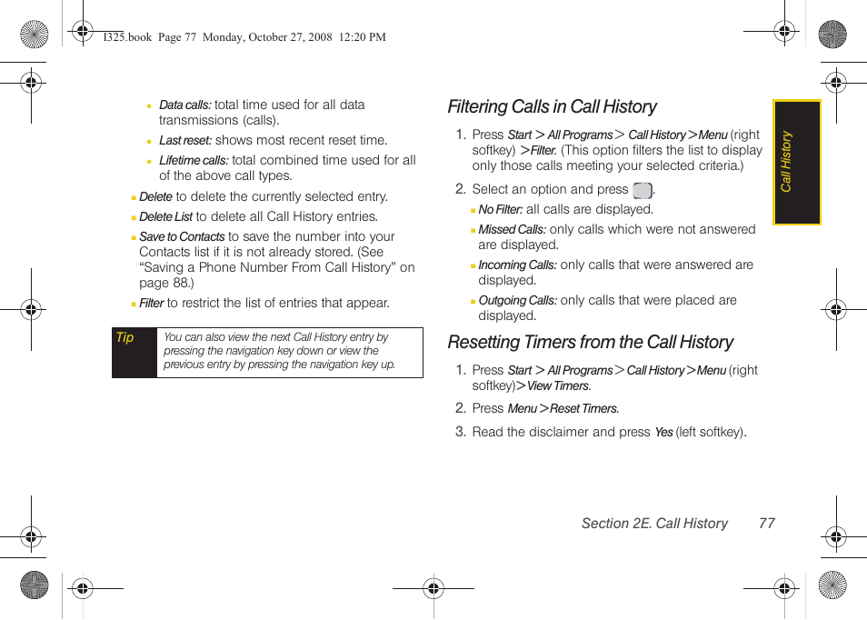 Filtering calls in call history, Resetting timers from the call history | Samsung SPH-I325DLASPR User Manual | Page 91 / 227