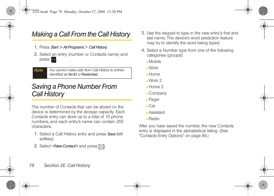 Making a call from the call history, Saving a phone number from call history, Saving a phone number from | Call history | Samsung SPH-I325DLASPR User Manual | Page 92 / 227