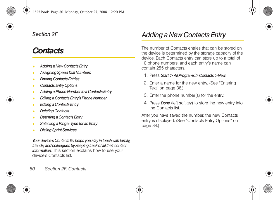 Contacts, Adding a new contacts entry, 2f. contacts | Samsung SPH-I325DLASPR User Manual | Page 94 / 227