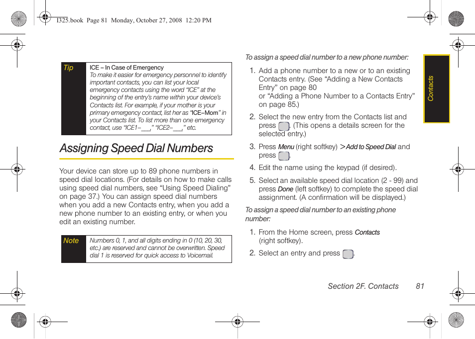 Assigning speed dial numbers | Samsung SPH-I325DLASPR User Manual | Page 95 / 227