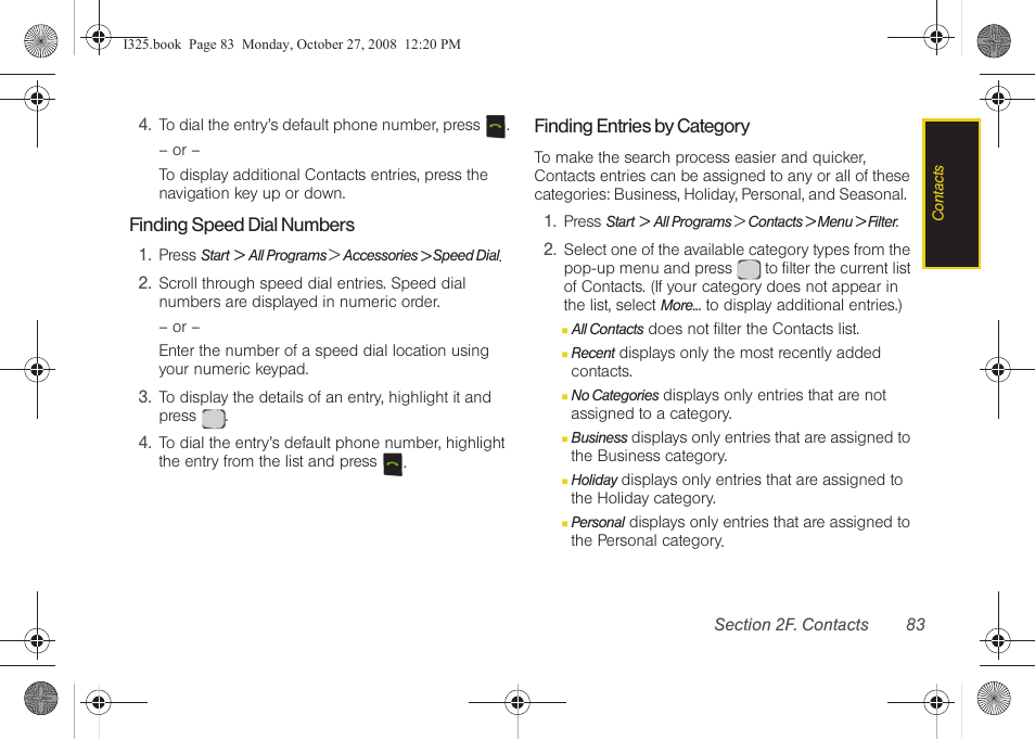 Finding speed dial numbers, Finding entries by category | Samsung SPH-I325DLASPR User Manual | Page 97 / 227