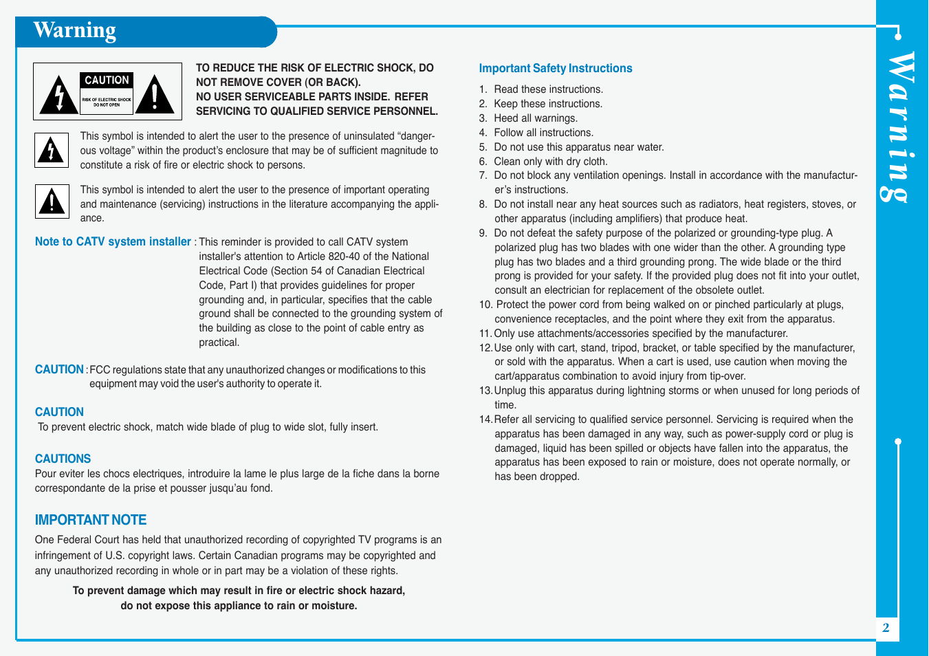 Wa r ning, Warning | Samsung DVD-V5500-AFS User Manual | Page 2 / 10