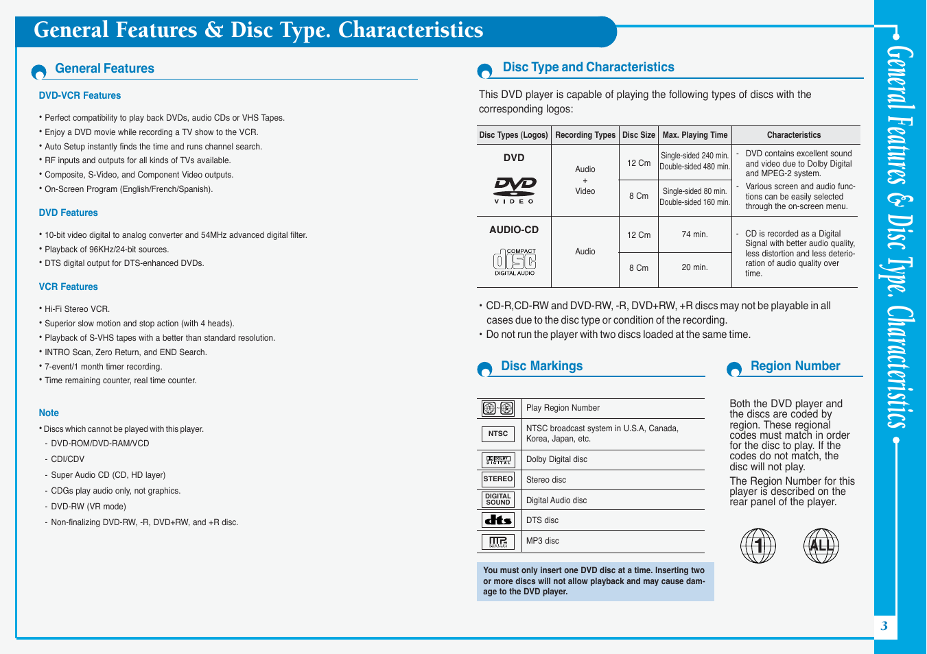 General featur es & disc t ype. characteristics, General features & disc type. characteristics | Samsung DVD-V5500-AFS User Manual | Page 3 / 10