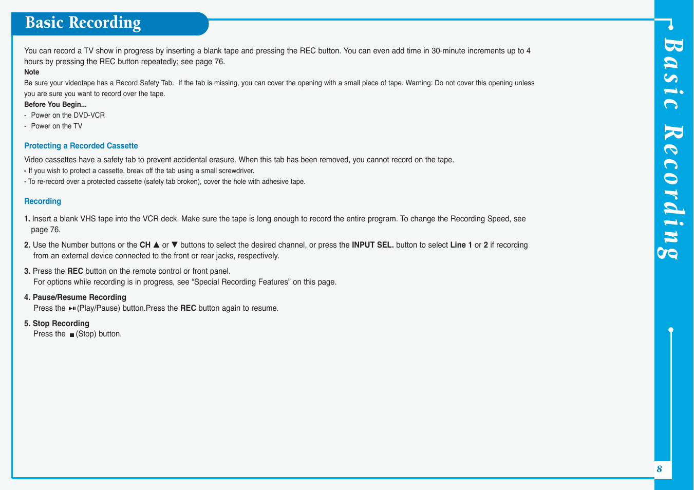 Basic recor ding, Basic recording | Samsung DVD-V5500-AFS User Manual | Page 8 / 10