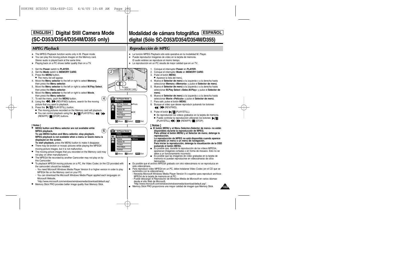 Mpeg playback, Reproducción de mpeg | Samsung SC-D353-XAP User Manual | Page 103 / 122