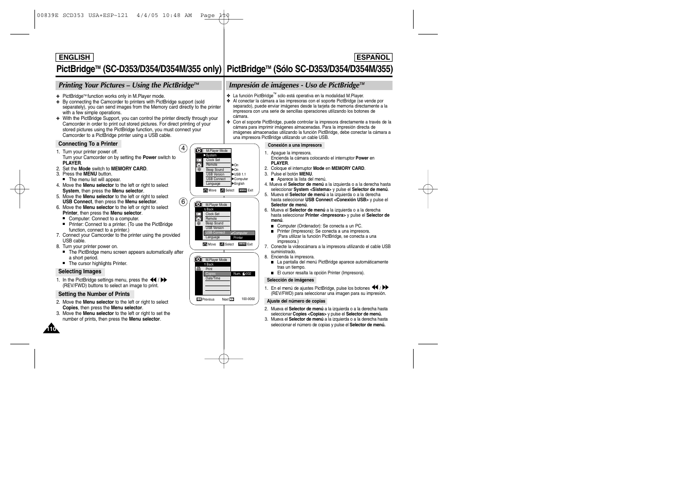 Pictbridge, Printing your pictures – using the pictbridge, Impresión de imágenes - uso de pictbridge | Samsung SC-D353-XAP User Manual | Page 110 / 122