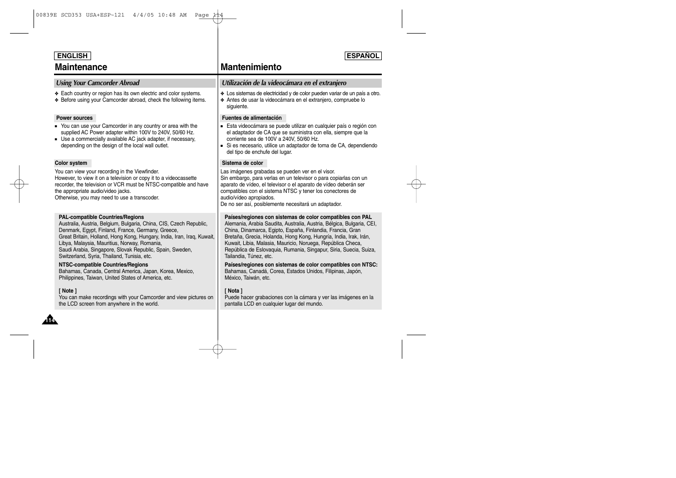 Maintenance, Mantenimiento | Samsung SC-D353-XAP User Manual | Page 114 / 122