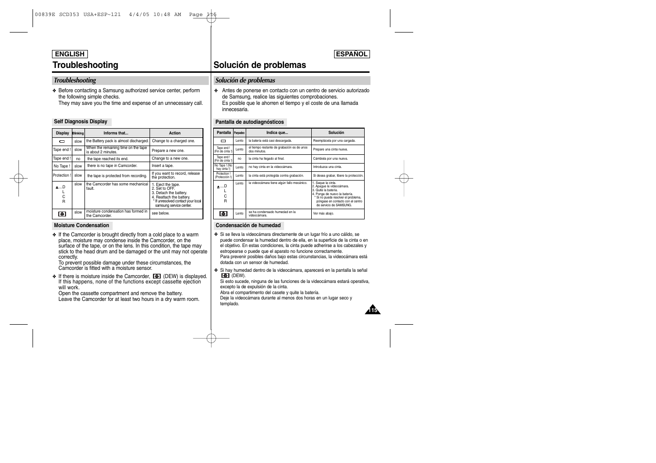Troubleshooting solución de problemas, Troubleshooting, Solución de problemas | Samsung SC-D353-XAP User Manual | Page 115 / 122
