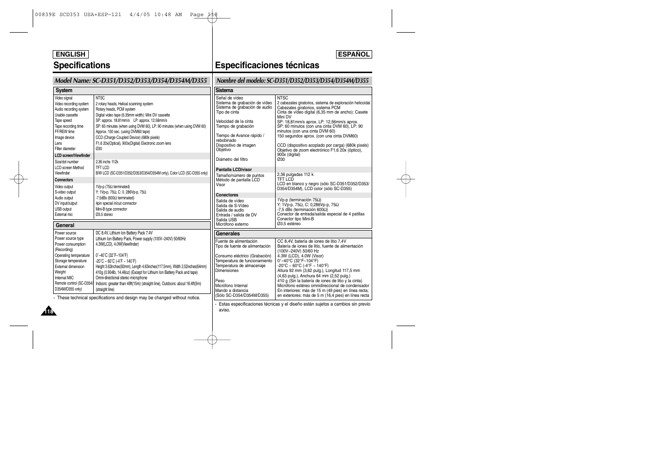 Specifications, Especificaciones técnicas | Samsung SC-D353-XAP User Manual | Page 118 / 122