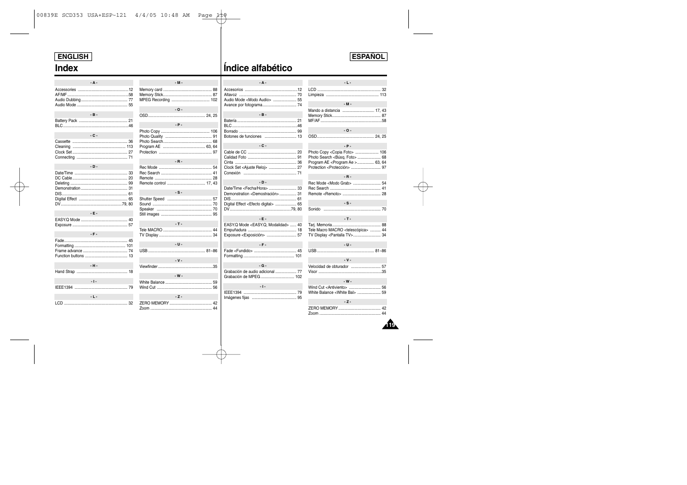 Index índice alfabético | Samsung SC-D353-XAP User Manual | Page 119 / 122