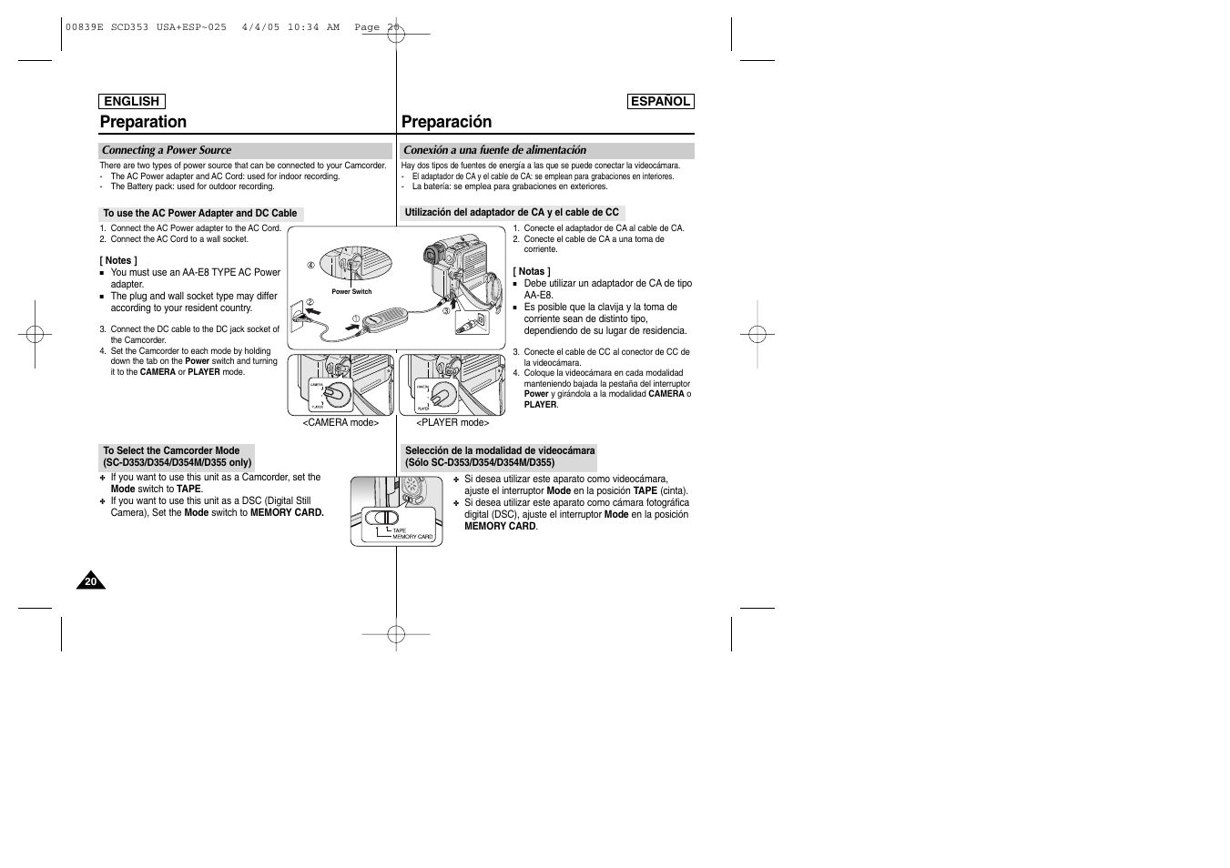 Preparation preparación | Samsung SC-D353-XAP User Manual | Page 20 / 122