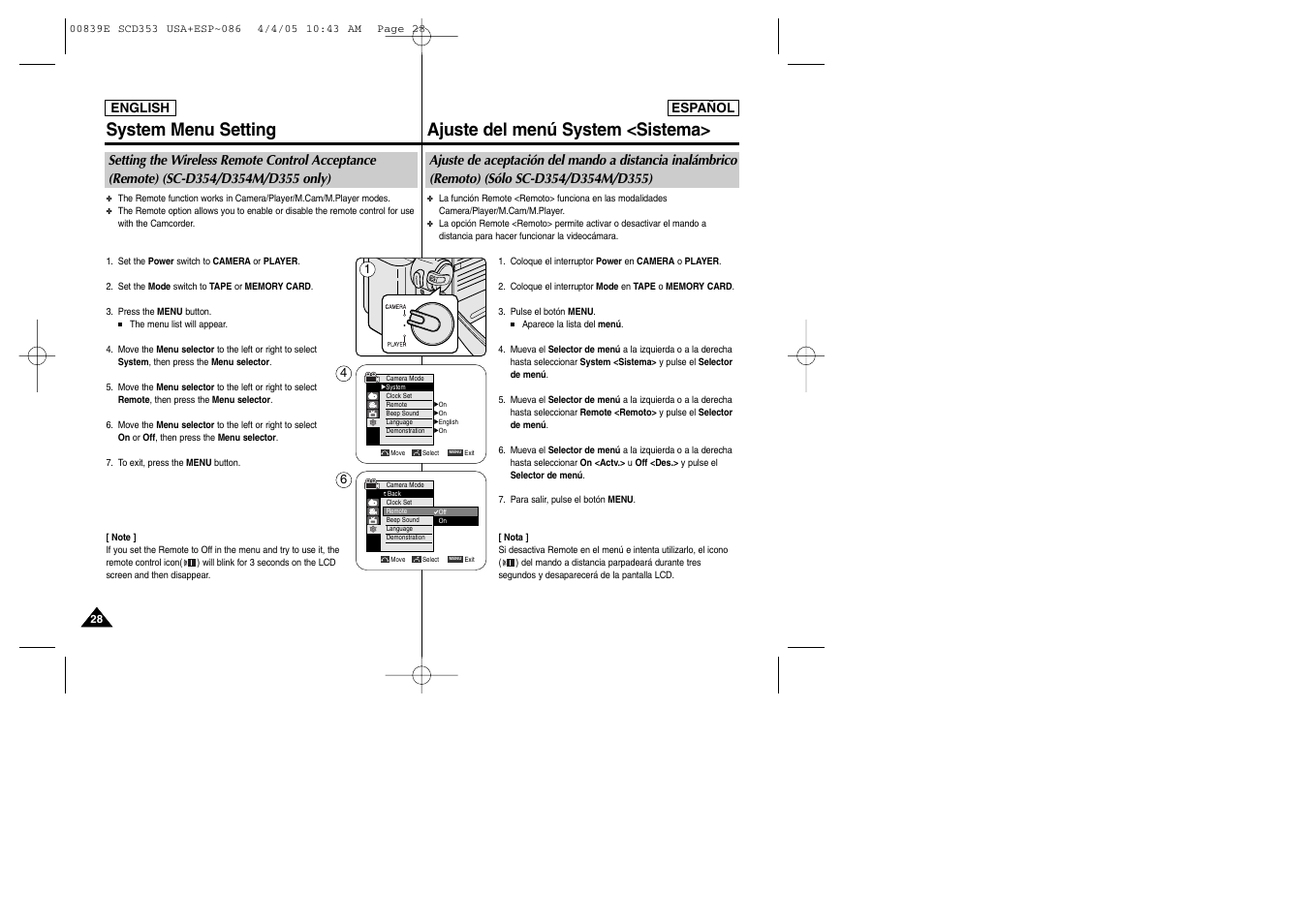 System menu setting, Ajuste del menú system <sistema | Samsung SC-D353-XAP User Manual | Page 28 / 122