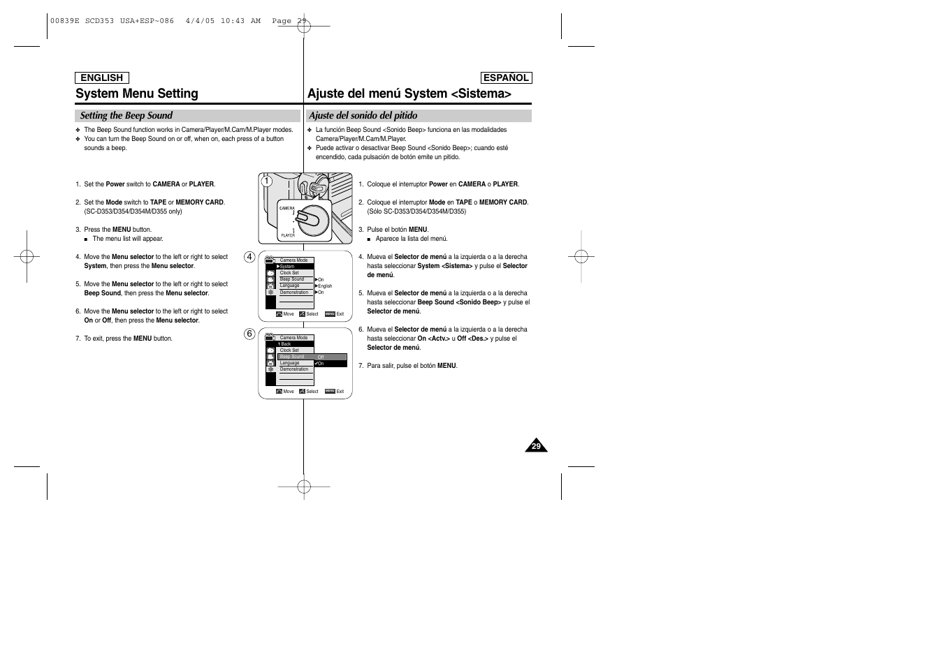 System menu setting, Ajuste del menú system <sistema | Samsung SC-D353-XAP User Manual | Page 29 / 122