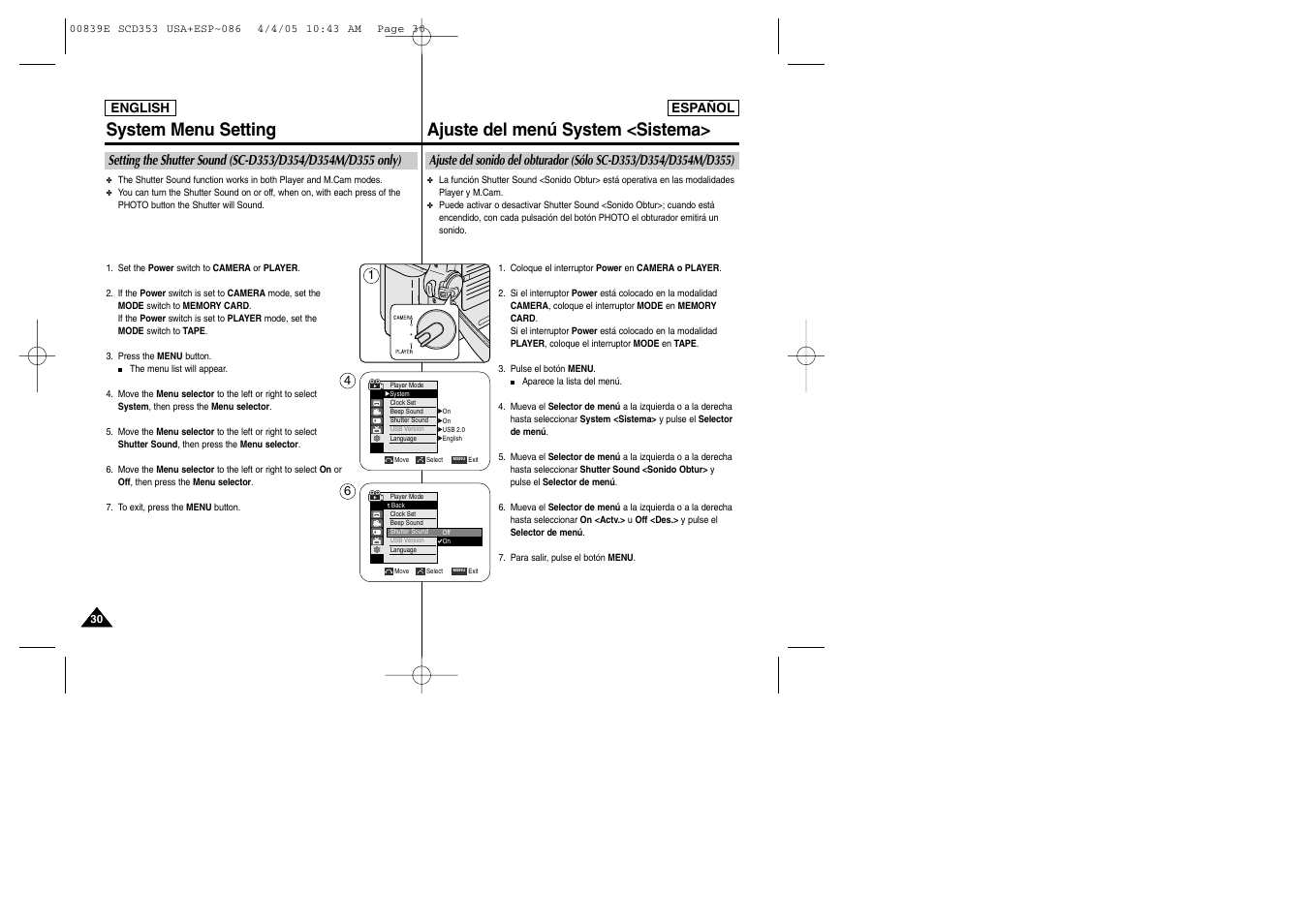 System menu setting, Ajuste del menú system <sistema | Samsung SC-D353-XAP User Manual | Page 30 / 122