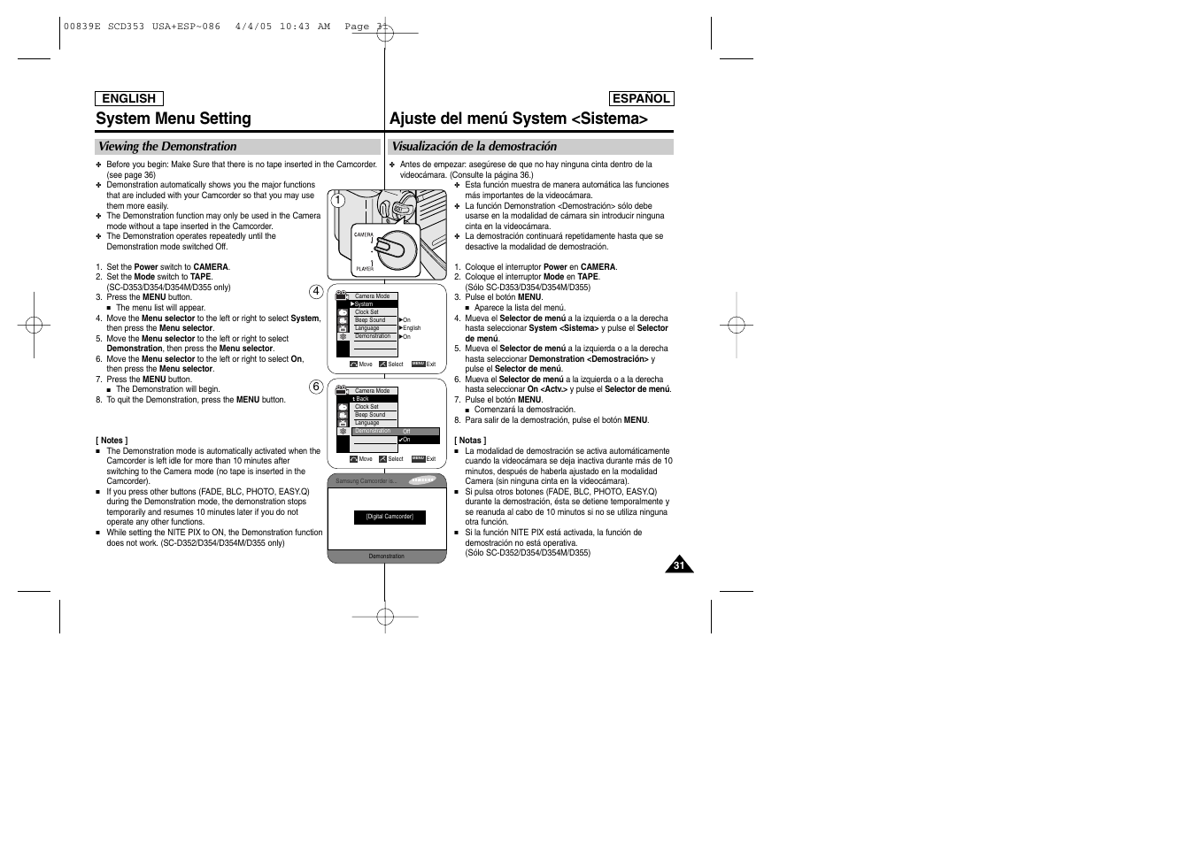 System menu setting, Ajuste del menú system <sistema, Viewing the demonstration | Visualización de la demostración | Samsung SC-D353-XAP User Manual | Page 31 / 122