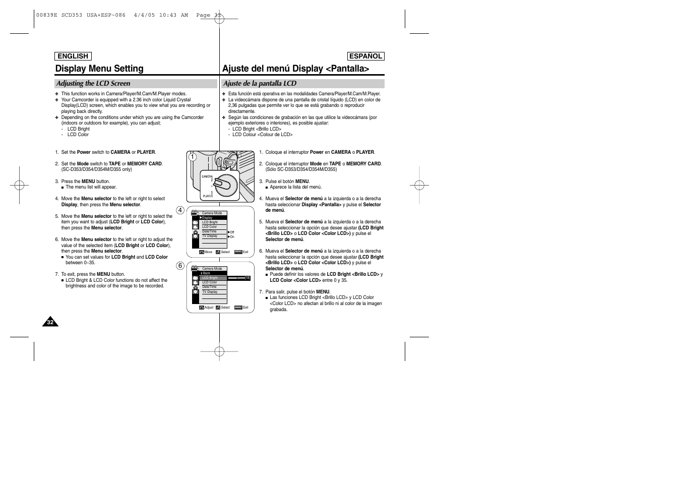 Display menu setting, Ajuste del menú display <pantalla | Samsung SC-D353-XAP User Manual | Page 32 / 122