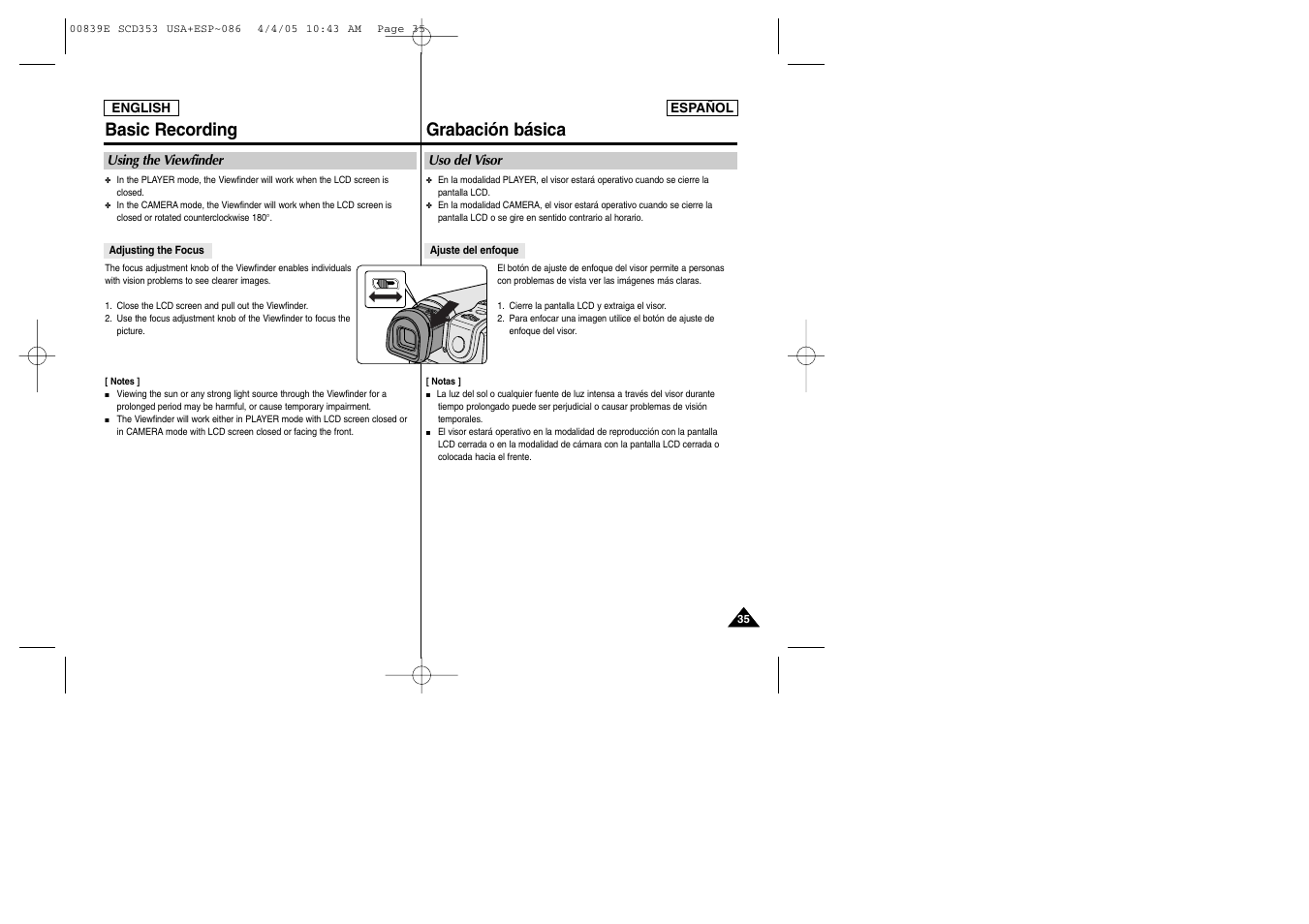 Basic recording, Grabación básica | Samsung SC-D353-XAP User Manual | Page 35 / 122