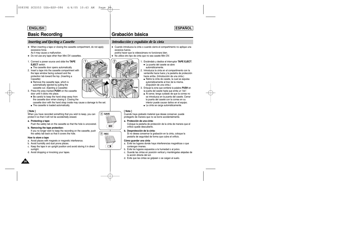 Basic recording, Grabación básica | Samsung SC-D353-XAP User Manual | Page 36 / 122