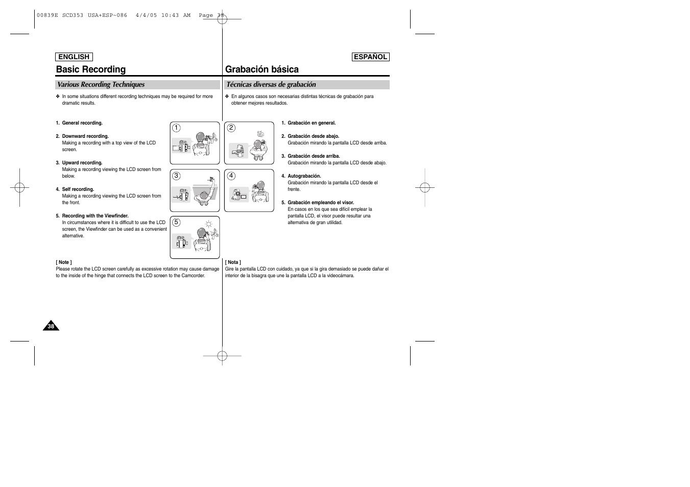 Basic recording, Grabación básica | Samsung SC-D353-XAP User Manual | Page 38 / 122