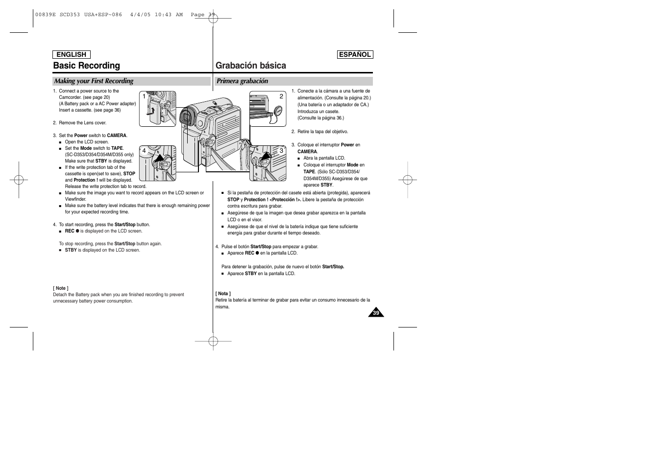 Basic recording, Grabación básica | Samsung SC-D353-XAP User Manual | Page 39 / 122