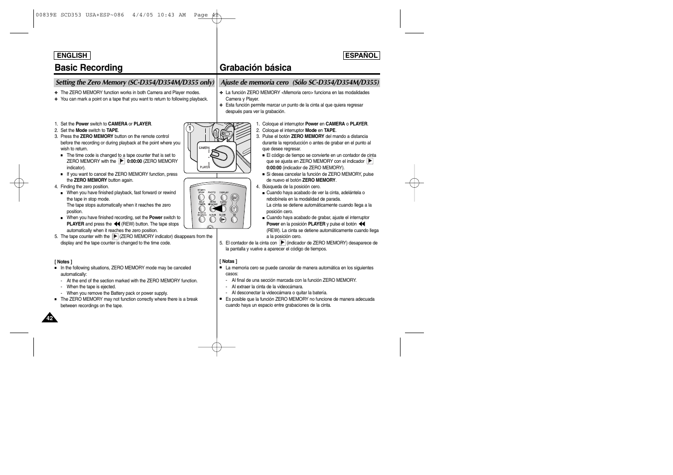 Basic recording, Grabación básica | Samsung SC-D353-XAP User Manual | Page 42 / 122
