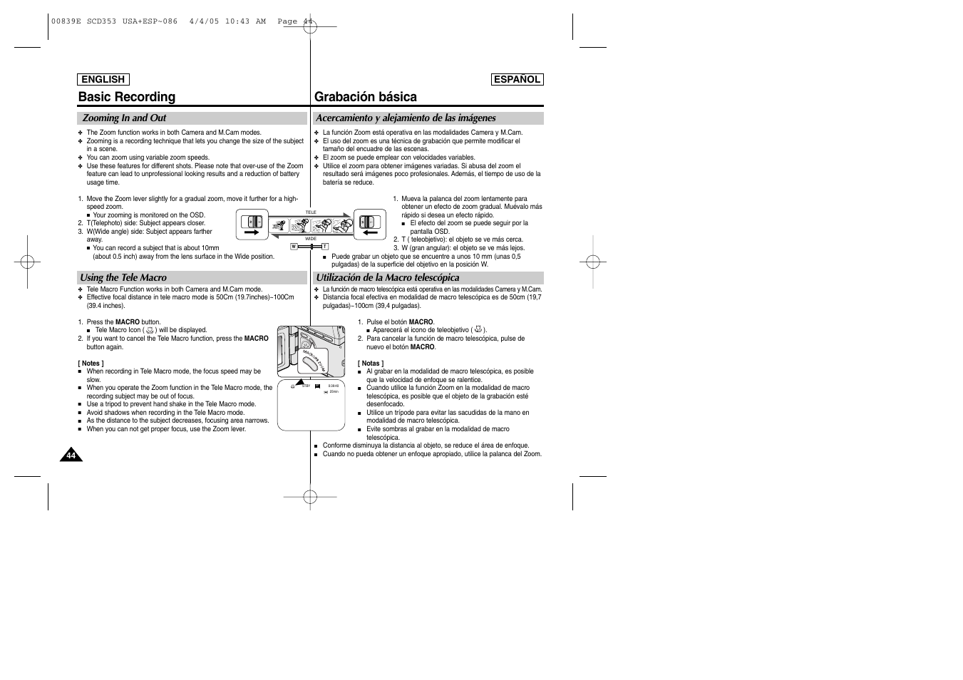 Basic recording, Grabación básica, Zooming in and out using the tele macro | Samsung SC-D353-XAP User Manual | Page 44 / 122