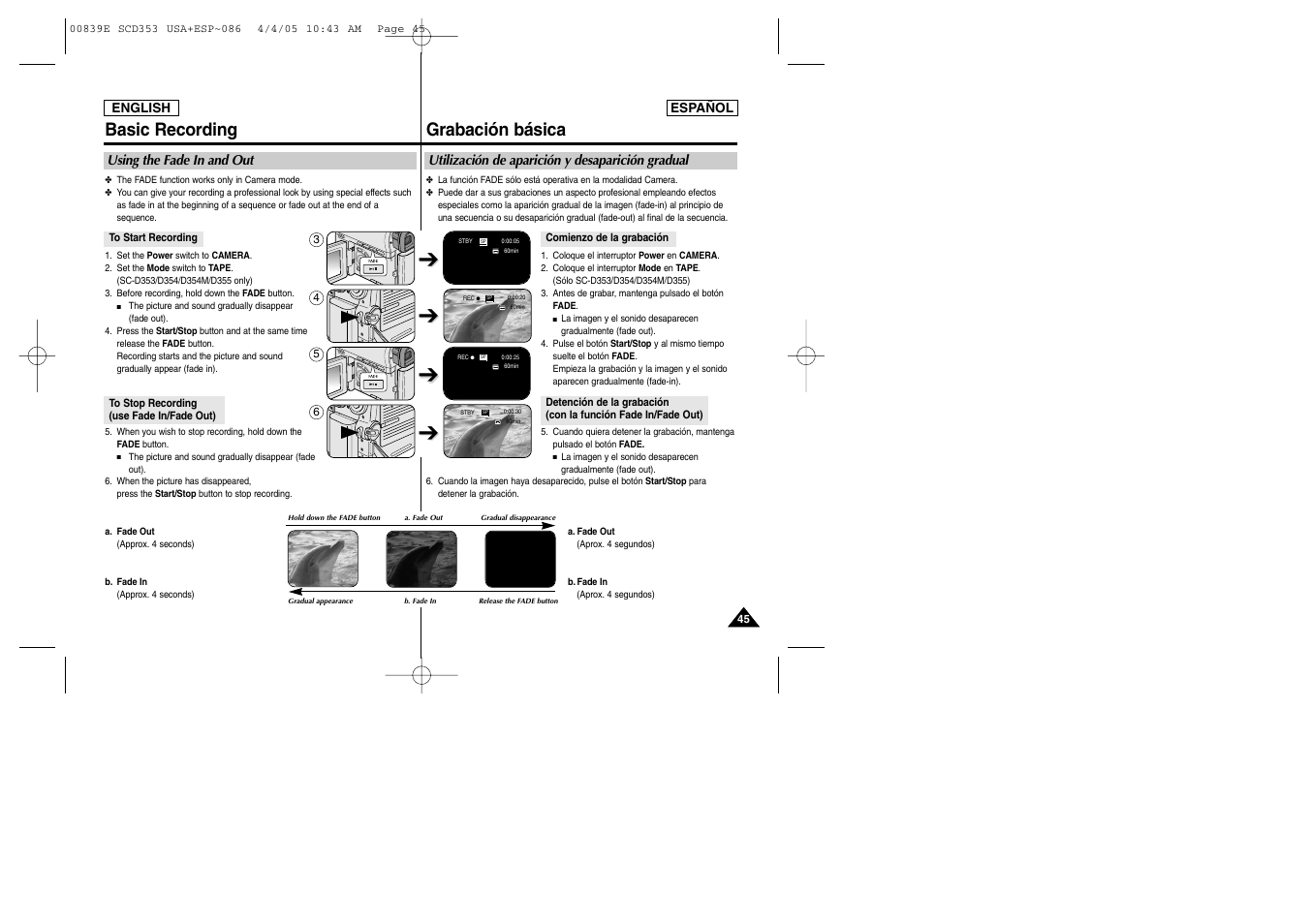 Basic recording, Grabación básica | Samsung SC-D353-XAP User Manual | Page 45 / 122
