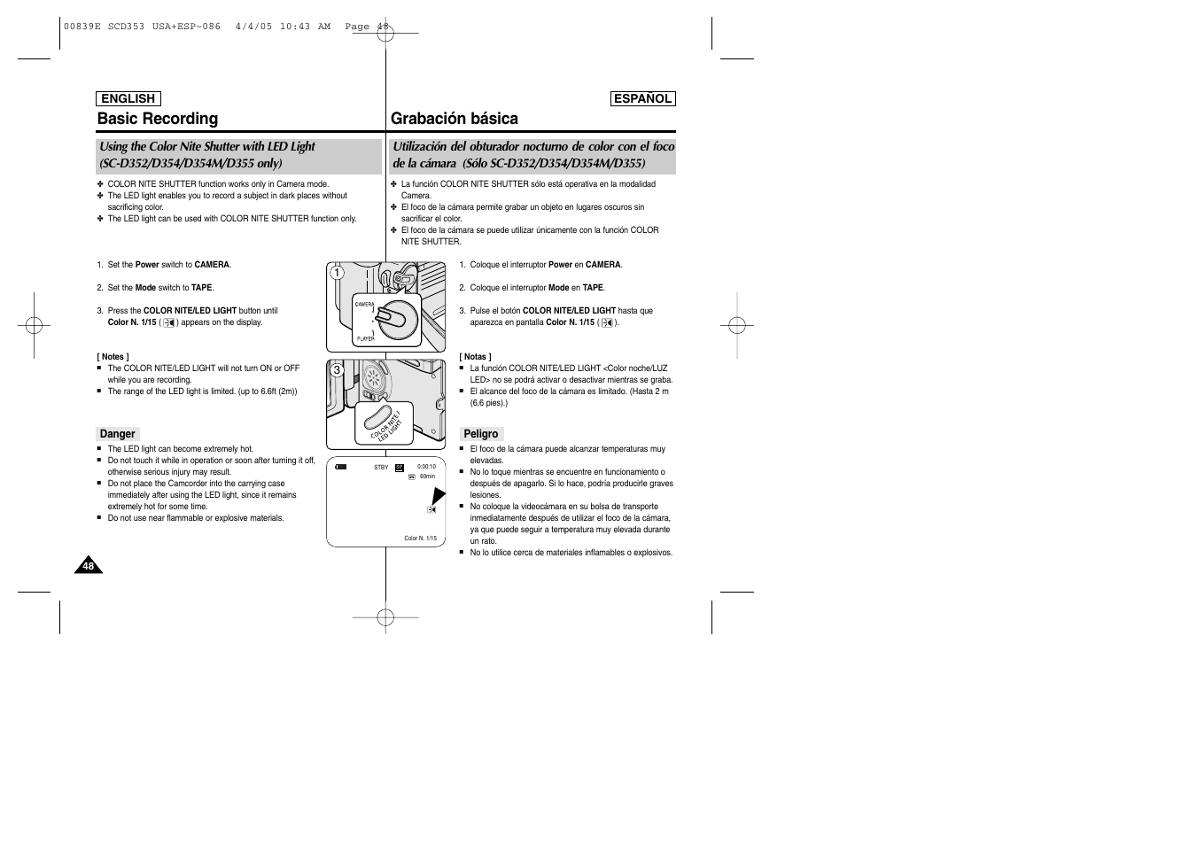 Basic recording, Grabación básica | Samsung SC-D353-XAP User Manual | Page 48 / 122