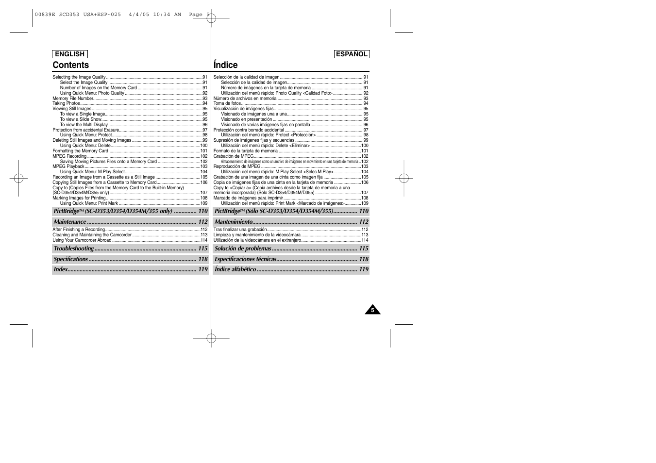 Contents índice | Samsung SC-D353-XAP User Manual | Page 5 / 122