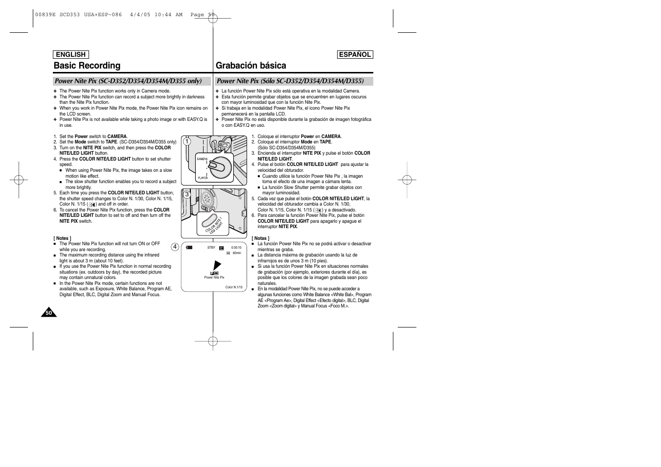 Basic recording, Grabación básica | Samsung SC-D353-XAP User Manual | Page 50 / 122