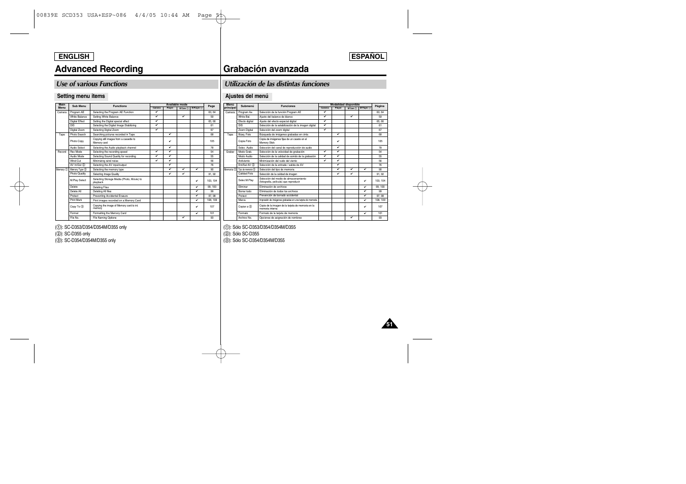 Advanced recording, Grabación avanzada, Use of various functions | Utilización de las distintas funciones, English español, Setting menu items, Ajustes del menú | Samsung SC-D353-XAP User Manual | Page 51 / 122