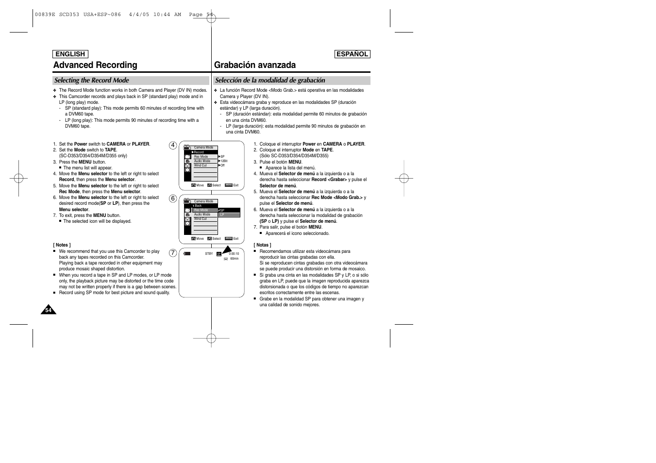 Advanced recording, Grabación avanzada, Selecting the record mode | Selección de la modalidad de grabación | Samsung SC-D353-XAP User Manual | Page 54 / 122