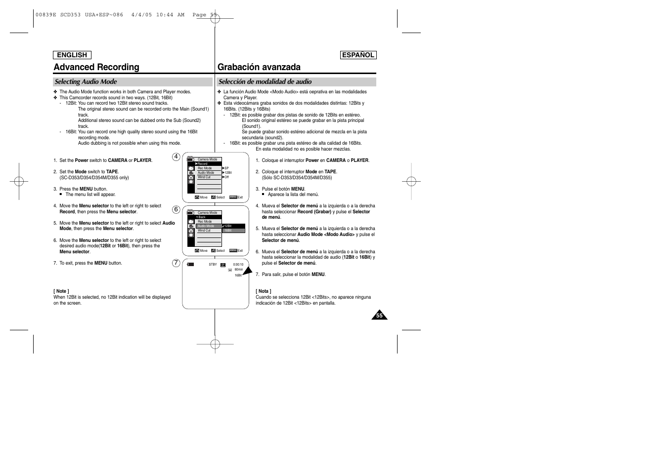 Advanced recording, Grabación avanzada | Samsung SC-D353-XAP User Manual | Page 55 / 122