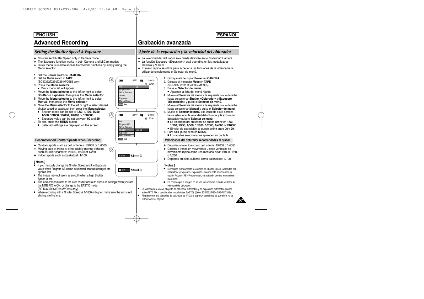 Advanced recording, Grabación avanzada, Setting the shutter speed & exposure | Samsung SC-D353-XAP User Manual | Page 57 / 122